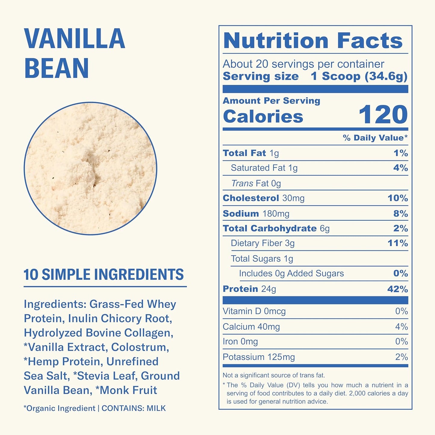 Grass Fed Whey Protein Powder, 24g Protein with CollagenPeptides, Bovine Colostrum, HempHearts & Prebiotic Fiber, No AddedSugar or Artificial Ingredients, 20 Servings