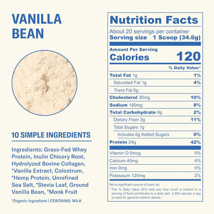 Grass Fed Whey Protein Powder, 24g Protein with CollagenPeptides, Bovine Colostrum, HempHearts & Prebiotic Fiber, No AddedSugar or Artificial Ingredients, 20 Servings